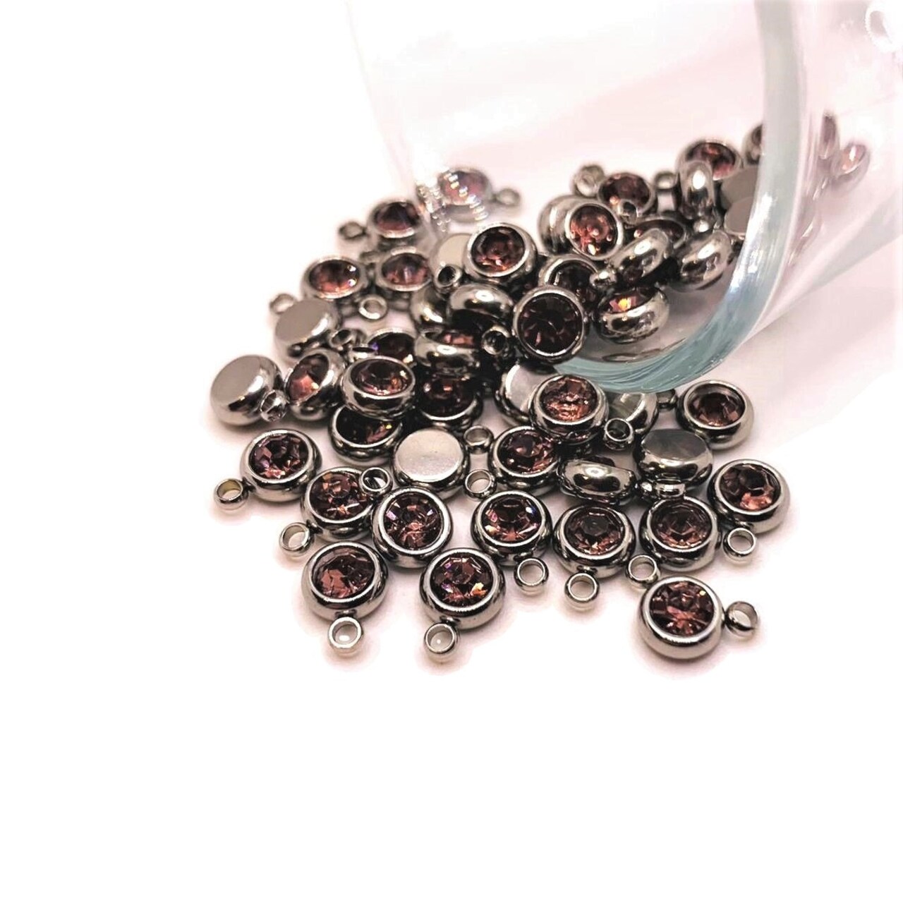 201 Stainless Steel, Light Pink June Alexandrite Birthstone Rhinestone Charms, 8x6mm